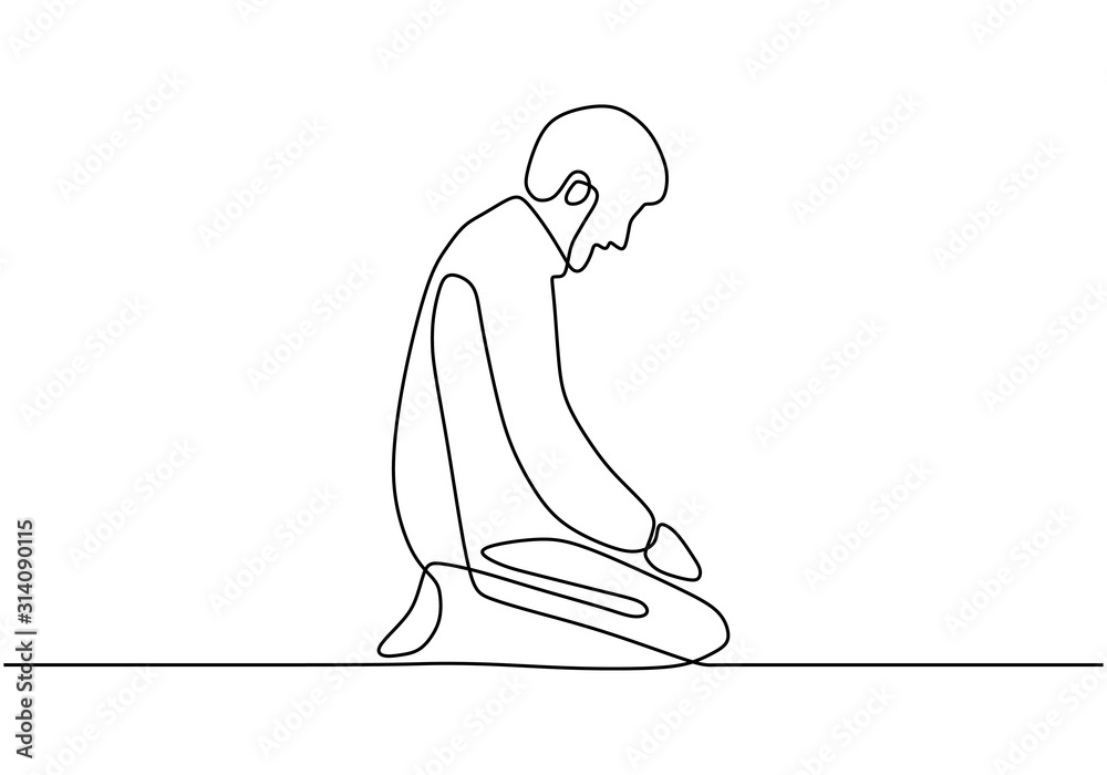 Continuous line drawing muslim prayer. Person doing Salah, Salaah or