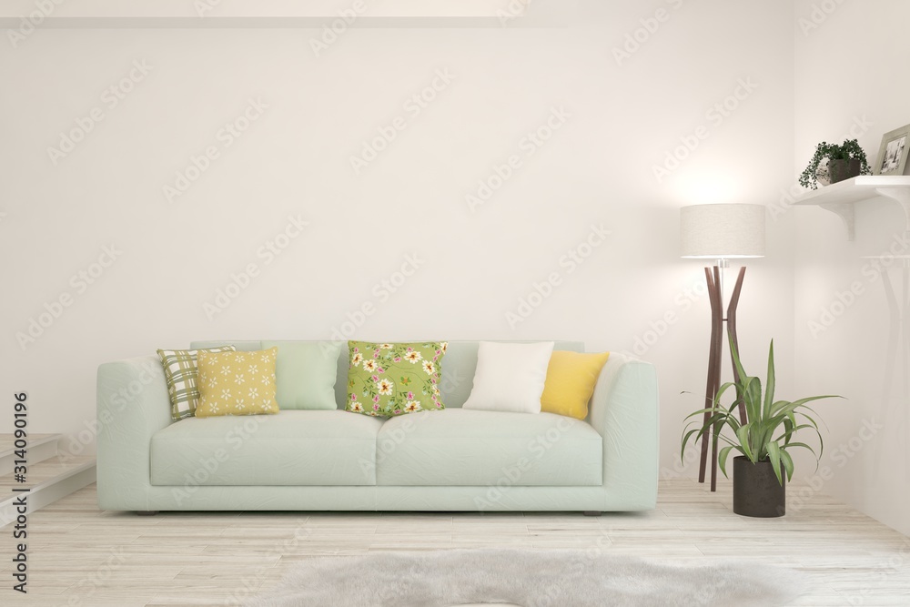 Stylish room in white color with sofa. Scandinavian interior design. 3D illustration Stylish room in white color with sofa. Scandinavian interior design. 3D illustration