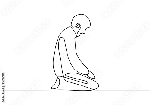 Continuous line drawing muslim prayer. Person doing Salah, Salaah or Salat is the second of the Five Pillars in the Islamic faith. Vector minimalism illustration with simple hand drawn.