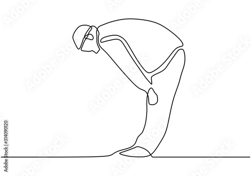 Continuous line drawing muslim prayer. Peron doing salaah praying.