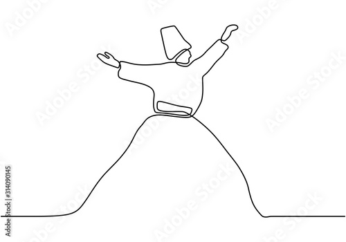 Continuous line drawing Sufi dancing. One hand drawn Islamic traditional whirling dervish.