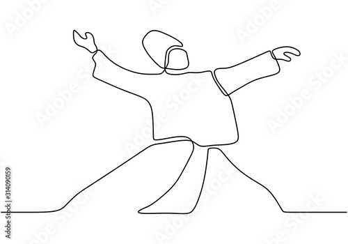 Continuous line drawing Sufi dancing. One hand drawn Islamic traditional whirling dervish.