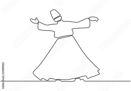 Continuous line drawing Sufi dancing. One hand drawn Islamic traditional whirling dervish.