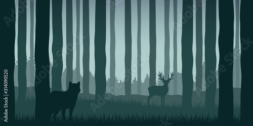 wolf is watching elk in green forest wildlife nature landscape vector illustration EPS10