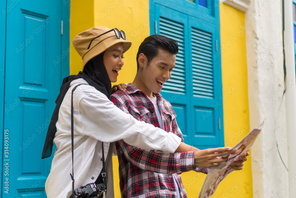 Travel Concept, Muslim Tourist Couple at Kuala Lumpur