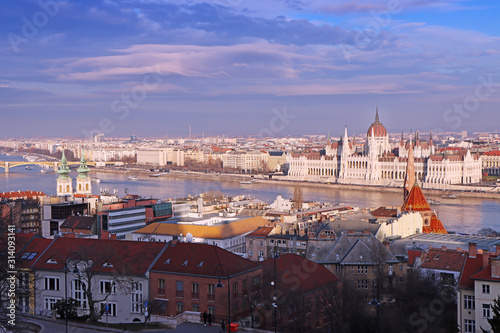 Panorama with building of Hungarian parliament at Danube river in Budapest