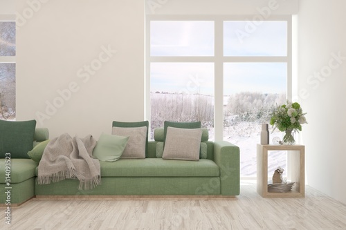 Stylish room in white color with sofa and winter landscape in window. Scandinavian interior design. 3D illustration