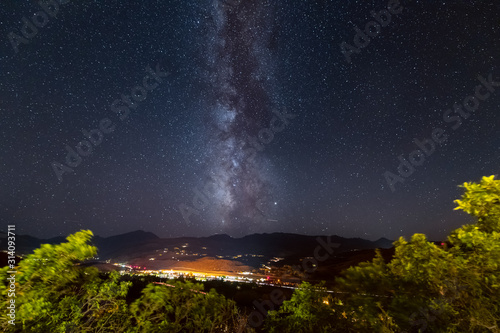 Aspen Colorado Rocky mountains roaring fork valley high wide angle view of small airport during dark night with stars starry sky and milky way starscape