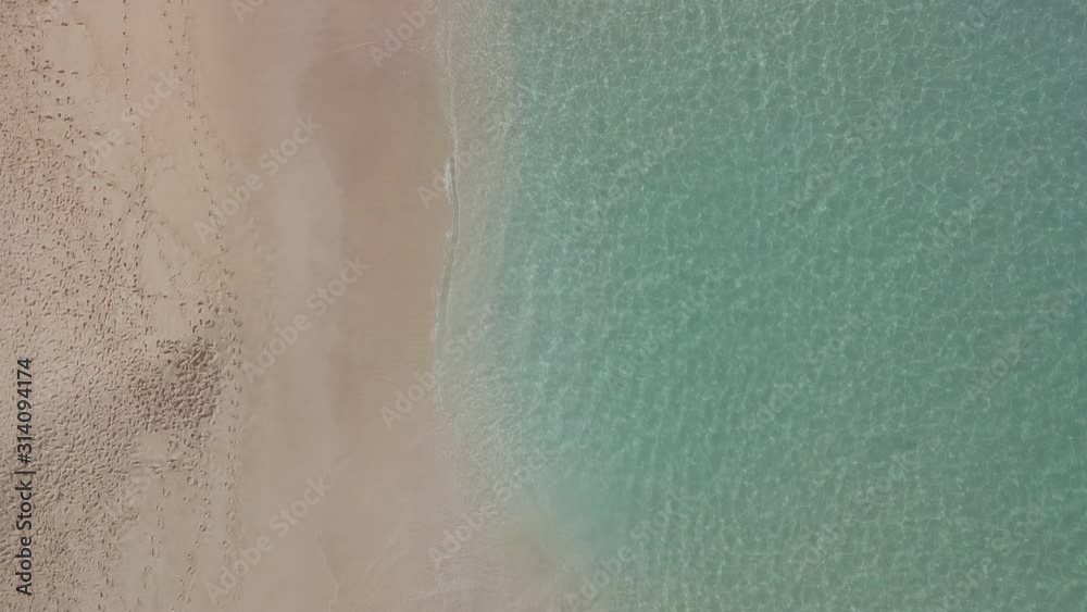 Tropical sandy beach and calm blue sea. Natural seamlessly loopable clip of the tropical empty beach with infinite rolling waves. Flat version, ready for color grading (mavic d-log)
