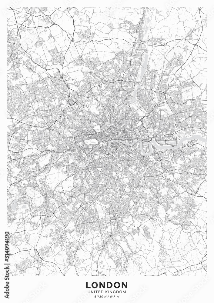 London city map poster. Detailed map of London (United Kingdom). Transport system of the city. Includes properly grouped map features (water objects, railroads, roads etc).