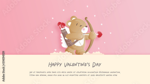 Valentines card with cute teddy bear in paper cut style vector illustration.