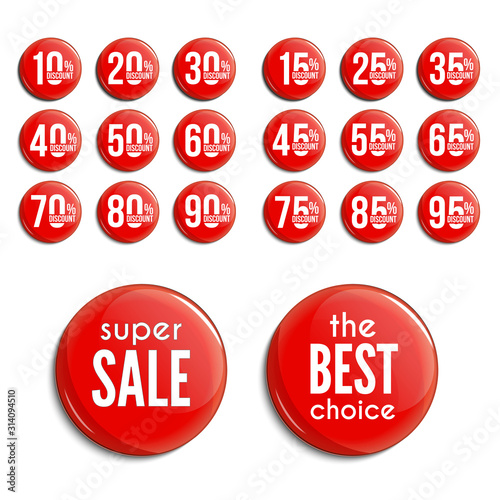 Discount percent glass badges set. Sale promotions collection. Shopping marks