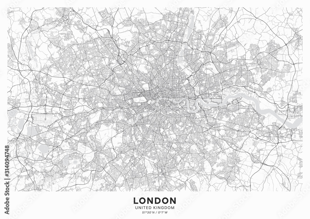 London city map poster. Detailed map of London (United Kingdom). Transport system of the city. Includes properly grouped map features (water objects, railroads, roads etc).