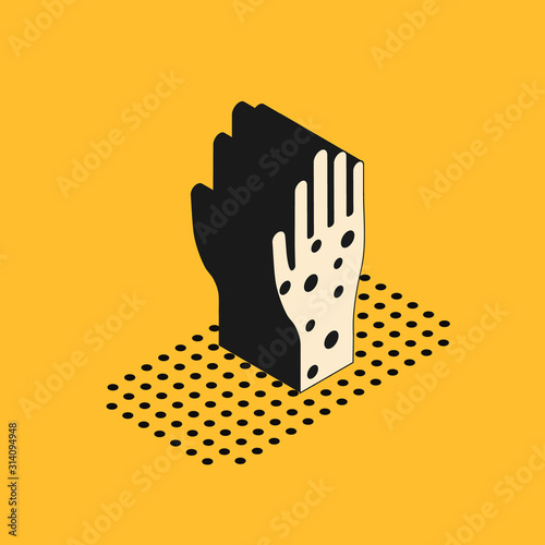 Isometric Hand with psoriasis or eczema icon isolated on yellow background. Concept of human skin response to allergen or chronic body problem. Vector Illustration