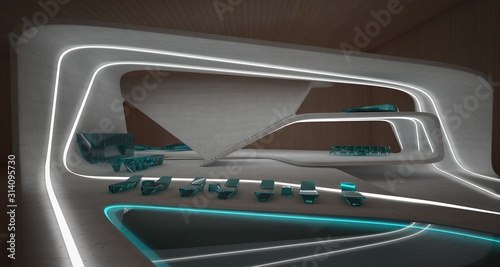 Abstract architectural concrete, wood and glass smooth interior of a minimalist house with swimming pool and neon lighting. 3D illustration and rendering.