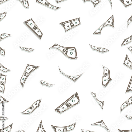 Money background. Cash flow. Dollar banknotes falling from above. Seamless pattern. Lots of cash. Dollars sign. Business concept. Vector illustration isolated on a white background.