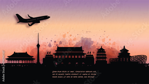 Watercolor of Beijing,China  silhouette skyline and famous landmark. vector illustration.