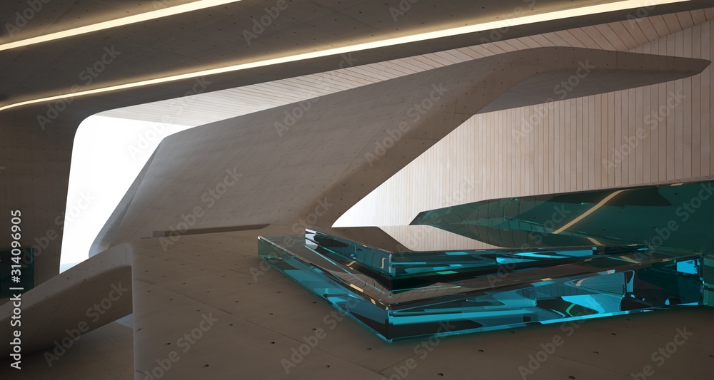 Fototapeta premium Abstract architectural concrete, wood and glass smooth interior of a minimalist house with swimming pool and neon lighting. 3D illustration and rendering.