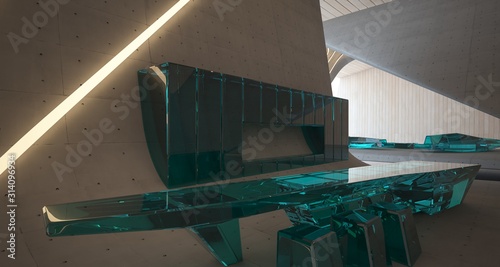 Abstract architectural concrete, wood and glass smooth interior of a minimalist house with swimming pool and neon lighting. 3D illustration and rendering.