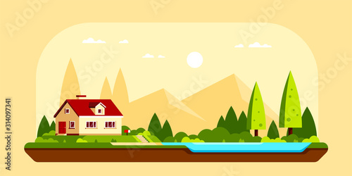 Family suburban cottage house, Flat design illustration.