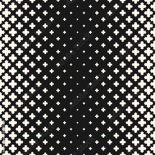 Vector halftone texture, monochrome seamless pattern, gradient transition effect. Geometric background with different sized floral shapes, carved crosses. Dark stylish design for prints, decor, fabric