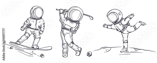 Set of images of astronauts. Sketching graphics. Astronaut with niblick.