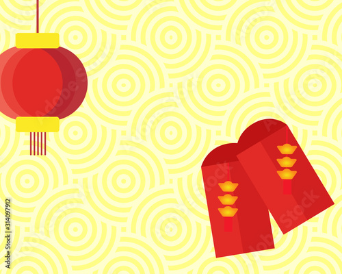 Chinese new year festival concept, there are two red pockets, many gold that mean rich or wealth for new year.