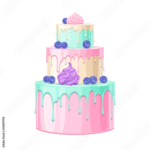 Colorful birthday cake decorated with berries vector illustration.