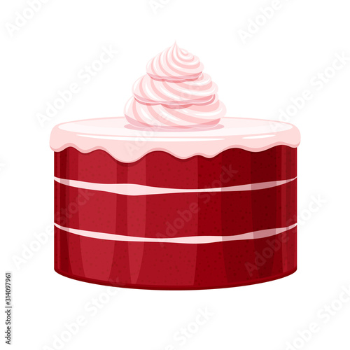 Colorful birthday red velvet cake decorated with cream vector illustration.