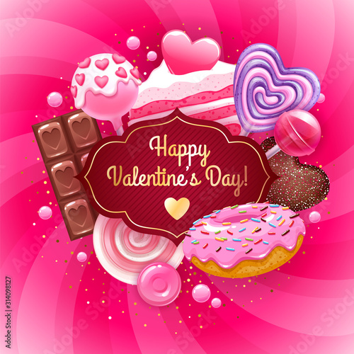 Valentine's Day candies and sweets colorful background.