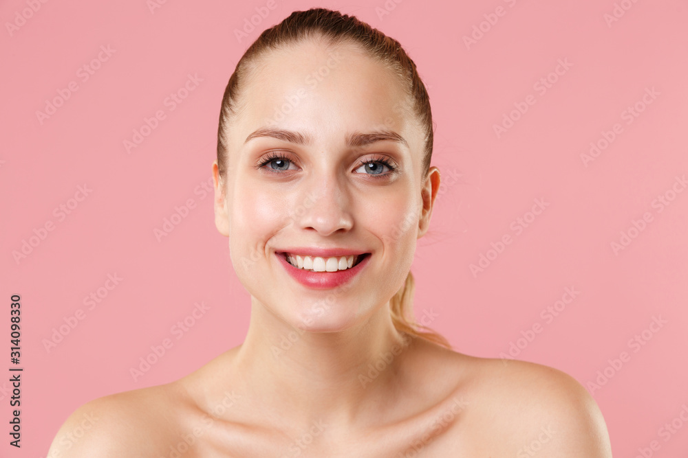 Close up blonde half naked woman 20s perfect skin nude make up blue eyes isolated on pastel pink wall background studio portrait. Skin care healthcare cosmetic procedures concept. Mock up copy space.