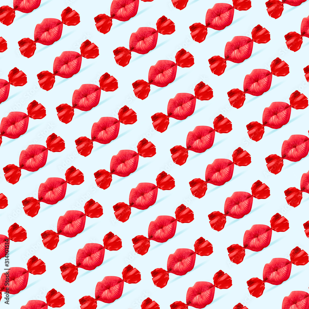 Modern colorful pattern made of exclusive design of a candy as a lips kissing, modern background. Alternative view, new look, conceptual inspiring wallpaper for your advertising. Creative art.