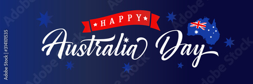 Happy Australia day elegant lettering poster. Map of Australia with flag, calligraphy with red ribbon and blue stars. 26 January, Australian holiday sale. Vector illustration