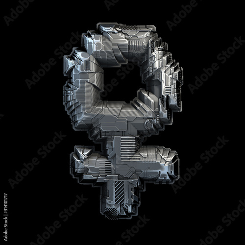 Symbol femme made of metal isolated on black background. 3d