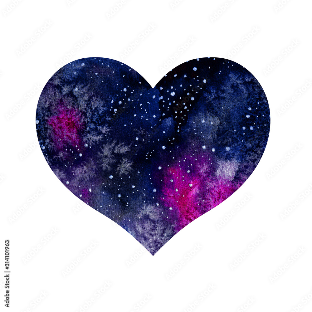 Watercolor cosmic heart with stars on white background. Hand drawn illustration. Perfect for Valentines day holiday card, fabric print. Love theme art.
