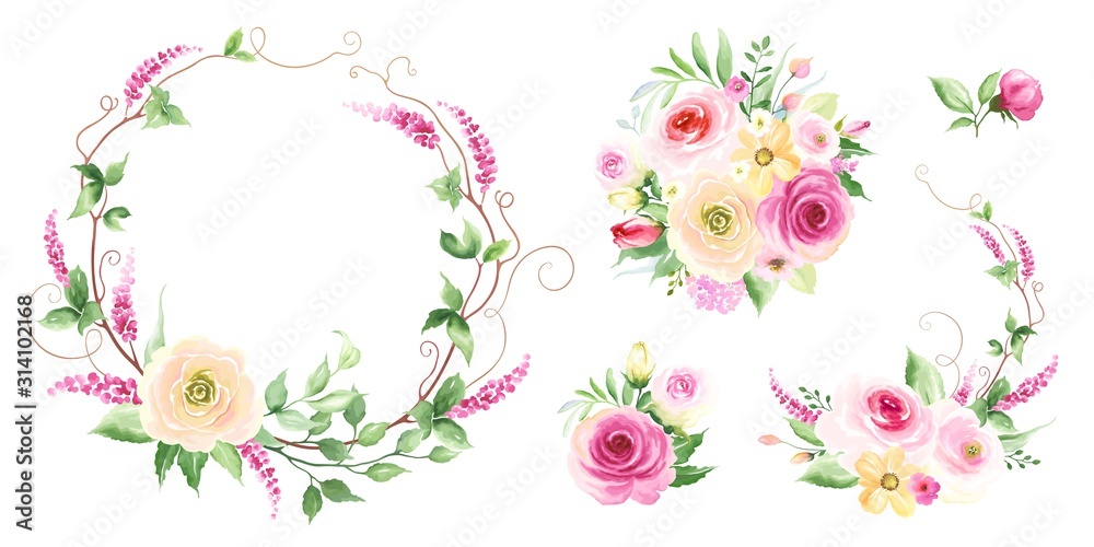 Collection of floral decors and frame with colorful roses, branches and green leaves. Vector holiday illustration in watercolor style, template for your design.