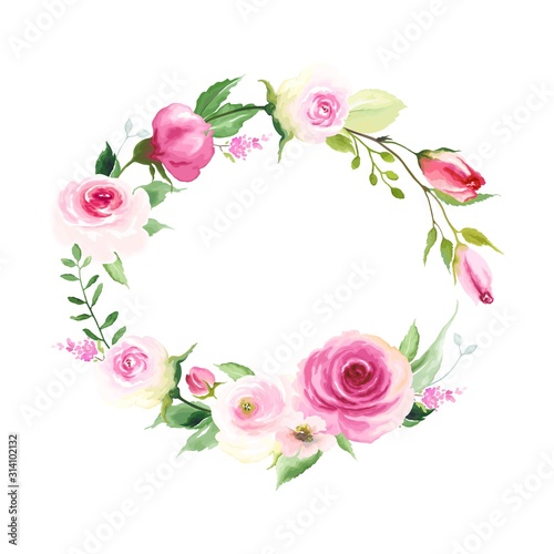 Floral frame with pink roses, buds and green leaves, frame for your design. Vector illustration in vintage watercolor style.