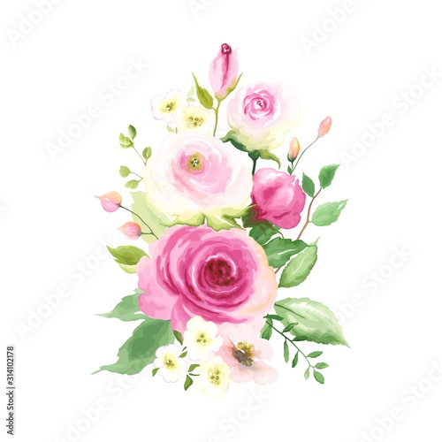 Floral decor with tender pink roses and buds, template for your design. Vector illustration in vintage watercolor style.