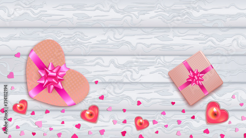 Flat lay wooden white background with pink hearts, gifts boxes and candles. Valentines day greeting card concept. Romantic template design for happy birthday, wedding invitation, banners, posters