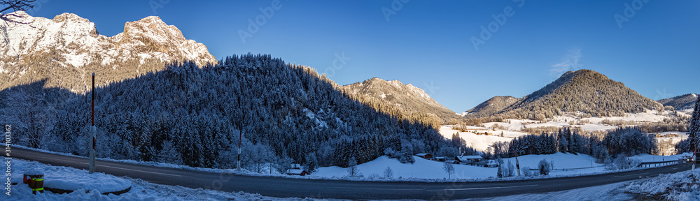 High resolution stitched panorama of a beautiful winter wonderland near the famous Hintersee, Ramsau, Berchtesgaden, Bavaria, Germany