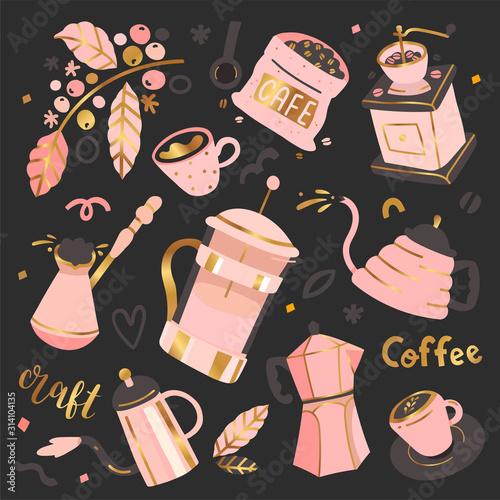 Coffee shop utensils and tools, set of pastel color vector illustrations with gold foil. Collection of modern simple hand drawn clip arts with lettering, alternative methods of brewing coffee.