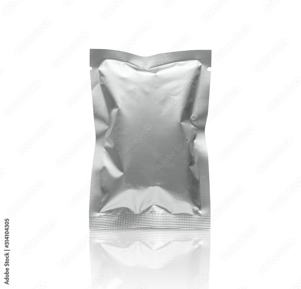 Blank silver metallic packaging foil sachet bag isolated on white background with clipping path