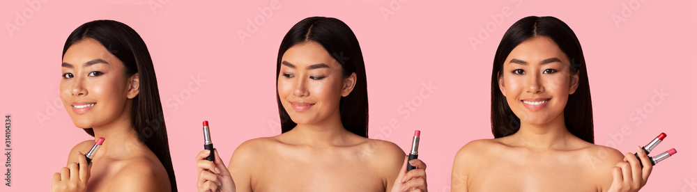 Makeup concept. Woman holding lipsticks, panorama collage