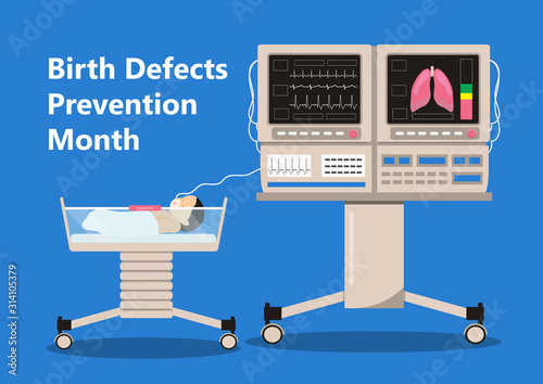 National Birth Defects Prevention Month is celebratedin January in USA. Neurology concept vector. Reanimation equipment for nursing premature newborn