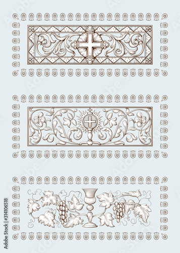 A set of Religious symbols of christianity, including cross and Holy Grail. Biblical illustrations in old engraving style. Hand drawn vector illustration