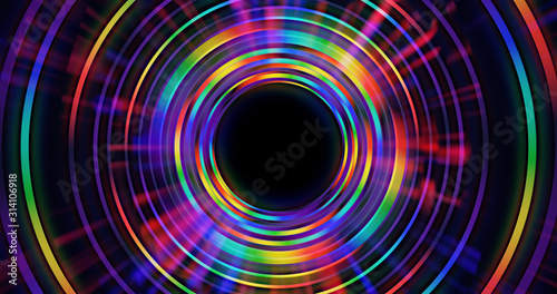 Abstract saturated rainbow colorful circle background. Glowing rays emanate from center. 3D rendered design element