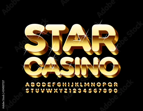 Vector chic sparkling Logo Star Casino. Luxury 3D Font. Golden Alphabet Letters and Numbers. 