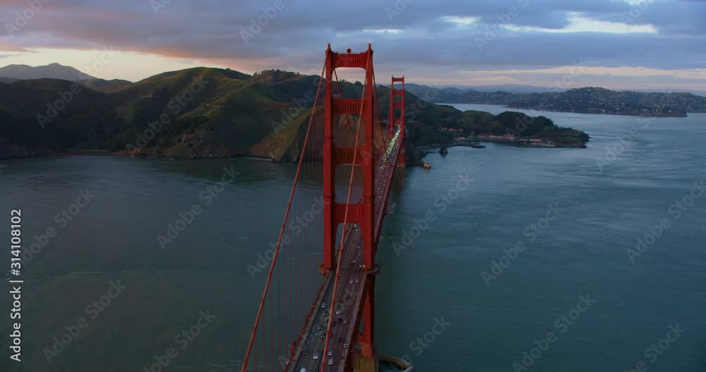 Aerial view of the Golden Gate Bridge. San Francisco, US. With the hilly Marin Headlands in the background. This suspension bridge is one of the most iconic landmarks of California. Shot on 8K