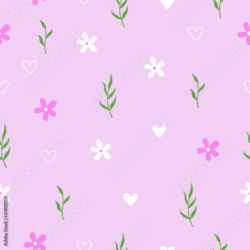 Vector graphics. Adorable, cute simple pattern with flowers, leaves, hearts. Light floral background. 
