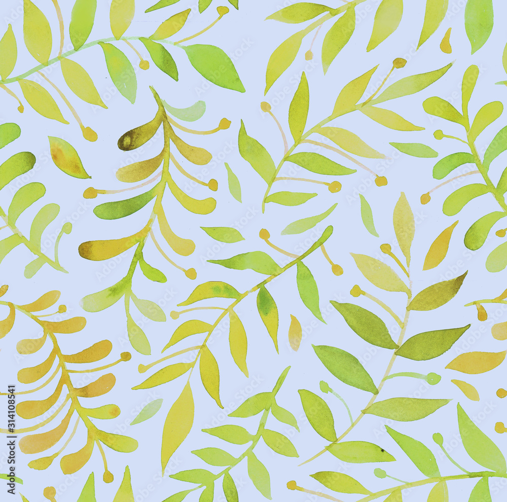 Fototapeta Watercolor seamless pattern with leaves and twigs, hand-drawn. Green plants on a blue background. Design for fabric, wallpaper, napkins, textiles, packaging, backgrounds. Delicate and stylish.